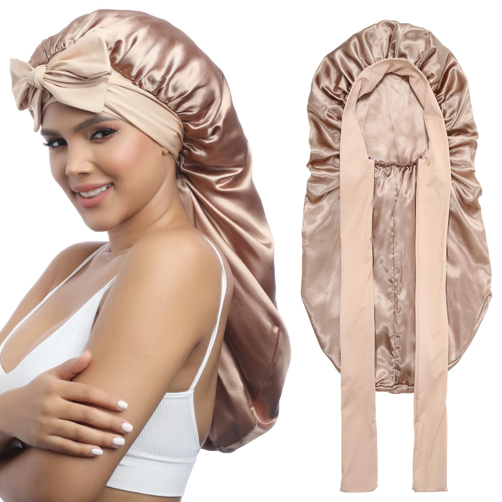 AWAYTR gorro saten largo doble capa para trenzas, cuidado nocturno suave