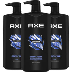 AXE Phoenix gel de ducha muestra la botella y el empaque, fragancia fresca que impulsa la rutina matutina