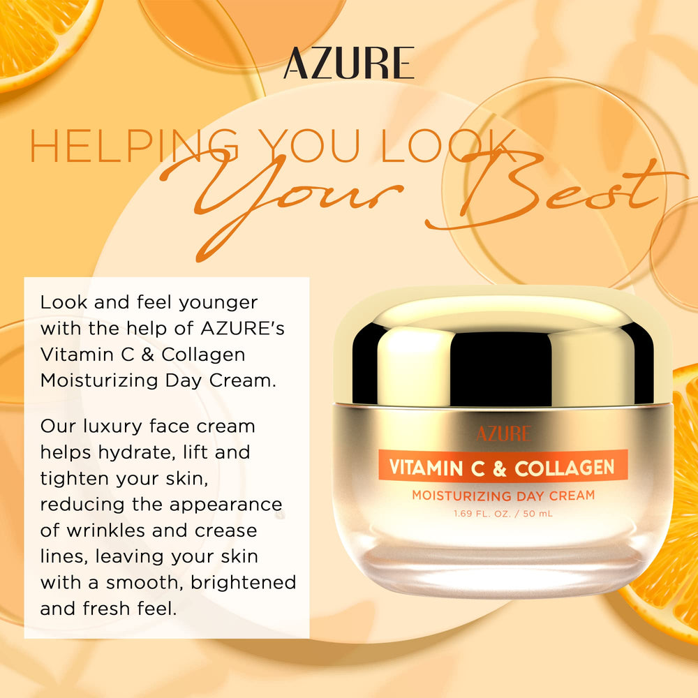 Azure Cosmetics crema facial Vitamina C y Colágeno, efecto luminoso suave para la piel.