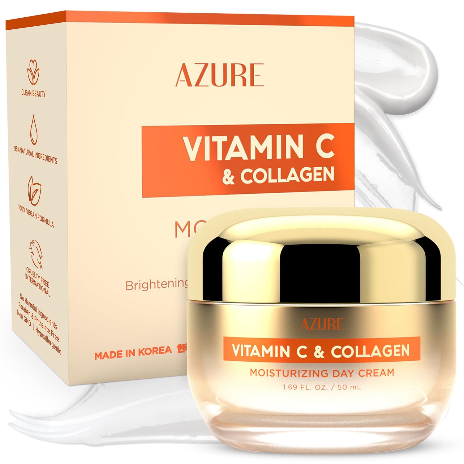 Azure Cosmetics crema facial Vitamina C y Colágeno, envase práctico para uso en casa.