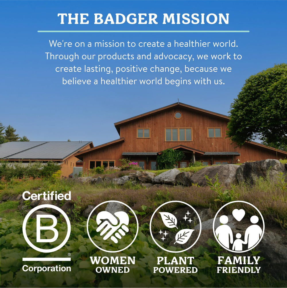 Badger Envase de vidrio sostenible, opción ecológica para cuidado diario.