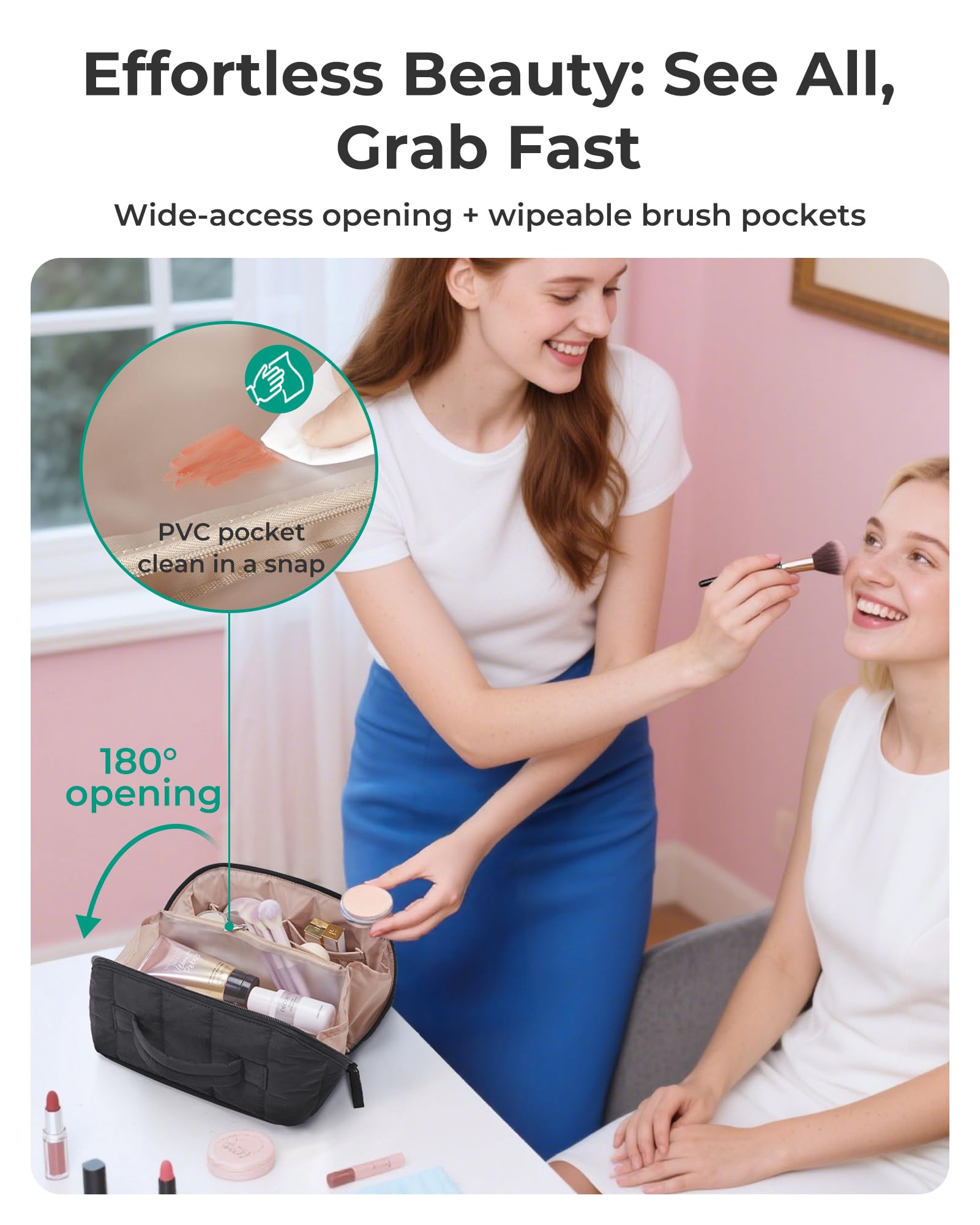 BAGSMART bolsa de maquillaje, apertura total, acceso rápido a cosméticos.