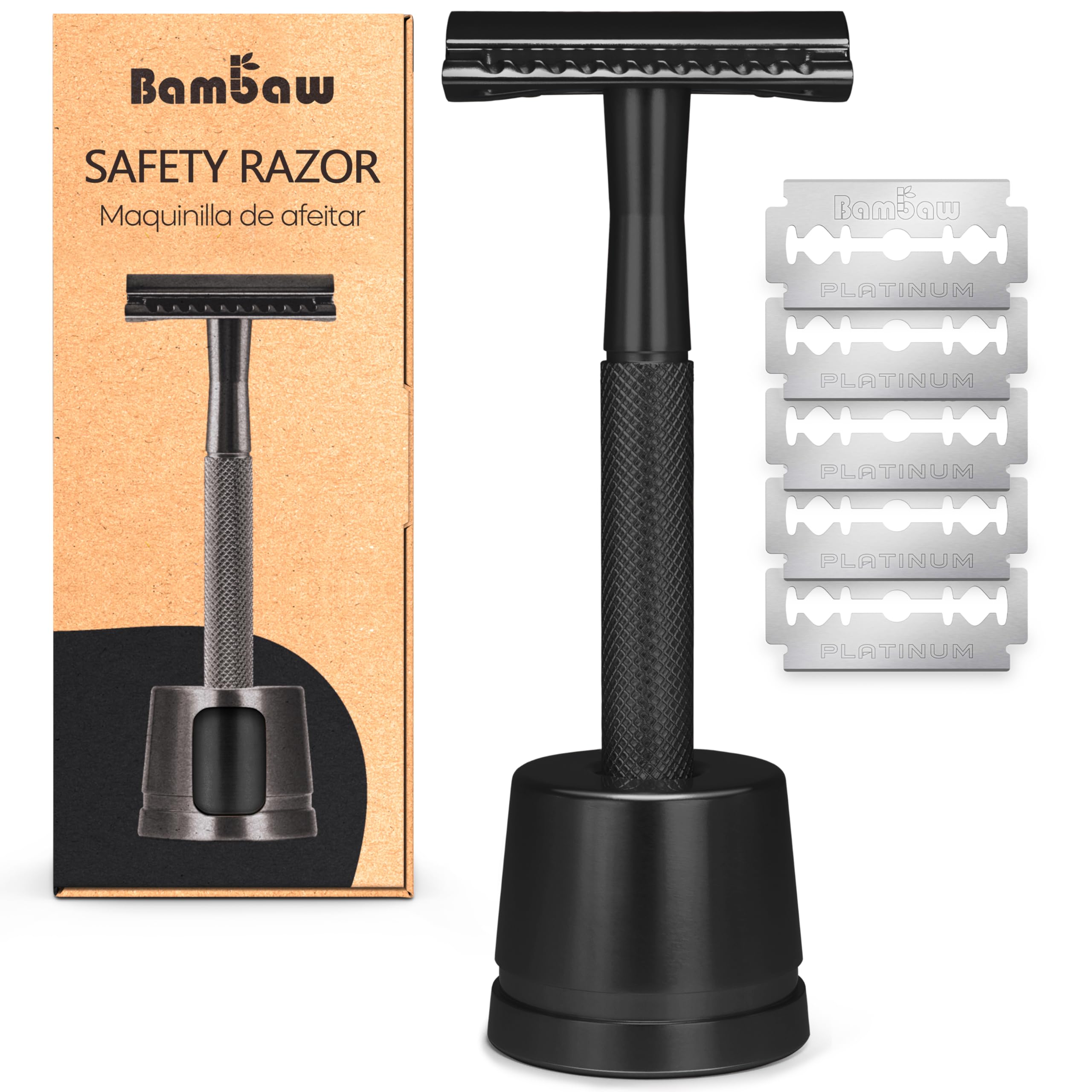 Afeitadora Bambaw de doble hoja negro con cabezal para un afeitado cercano.