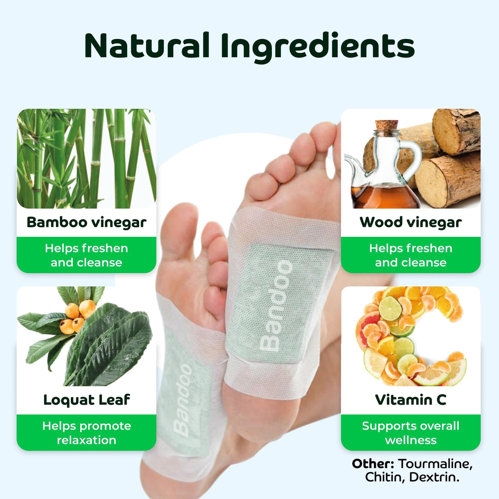 Bandoo Foot Pads, ingredientes naturales bambú-vinagre-tourmalina para experiencia suave.