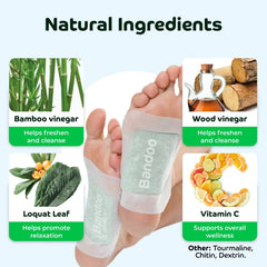 Bandoo Foot Pads, ingredientes naturales bambú-vinagre-tourmalina para experiencia suave.