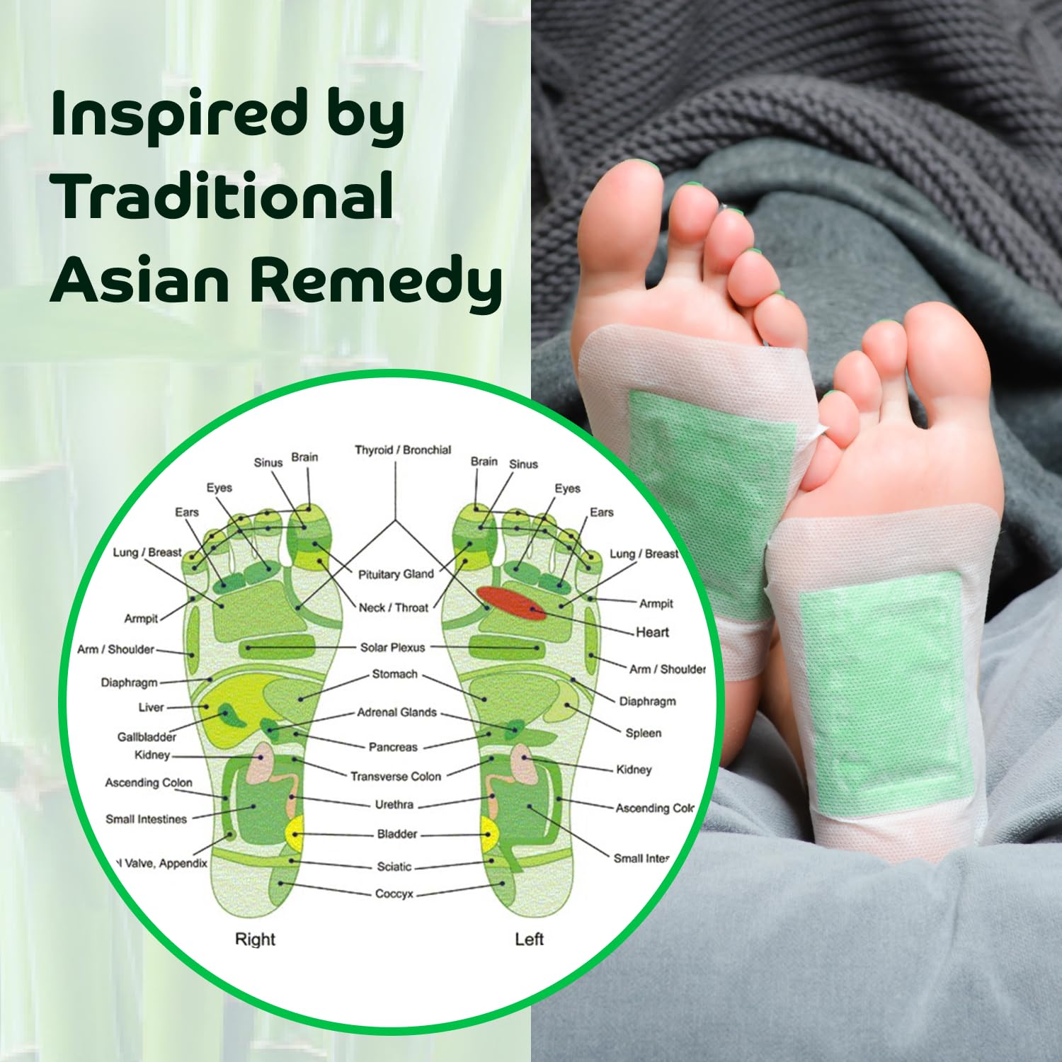 Bandoo Foot Pads, envase 30 unidades con bambú-vinagre-tourmalina para uso diario.