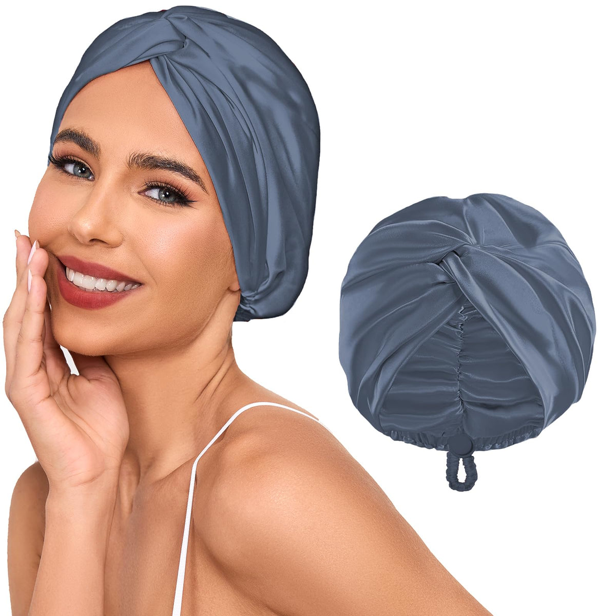 Baqzqudnl adjustable bonnet worn on head with back strap for a snug fit.
