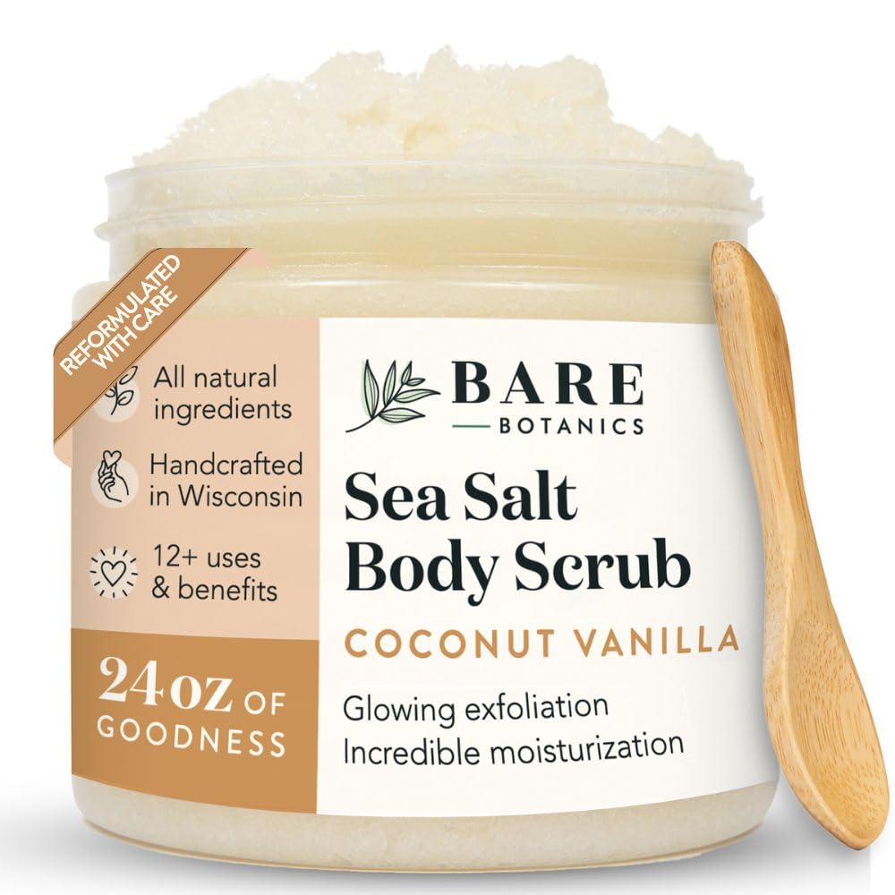 Bare Botanics exfoliante coco vainilla en tarro para piel suave