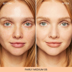 Muestra del tono 05 Fairly Medium, cobertura ligera a media de bareMinerals.