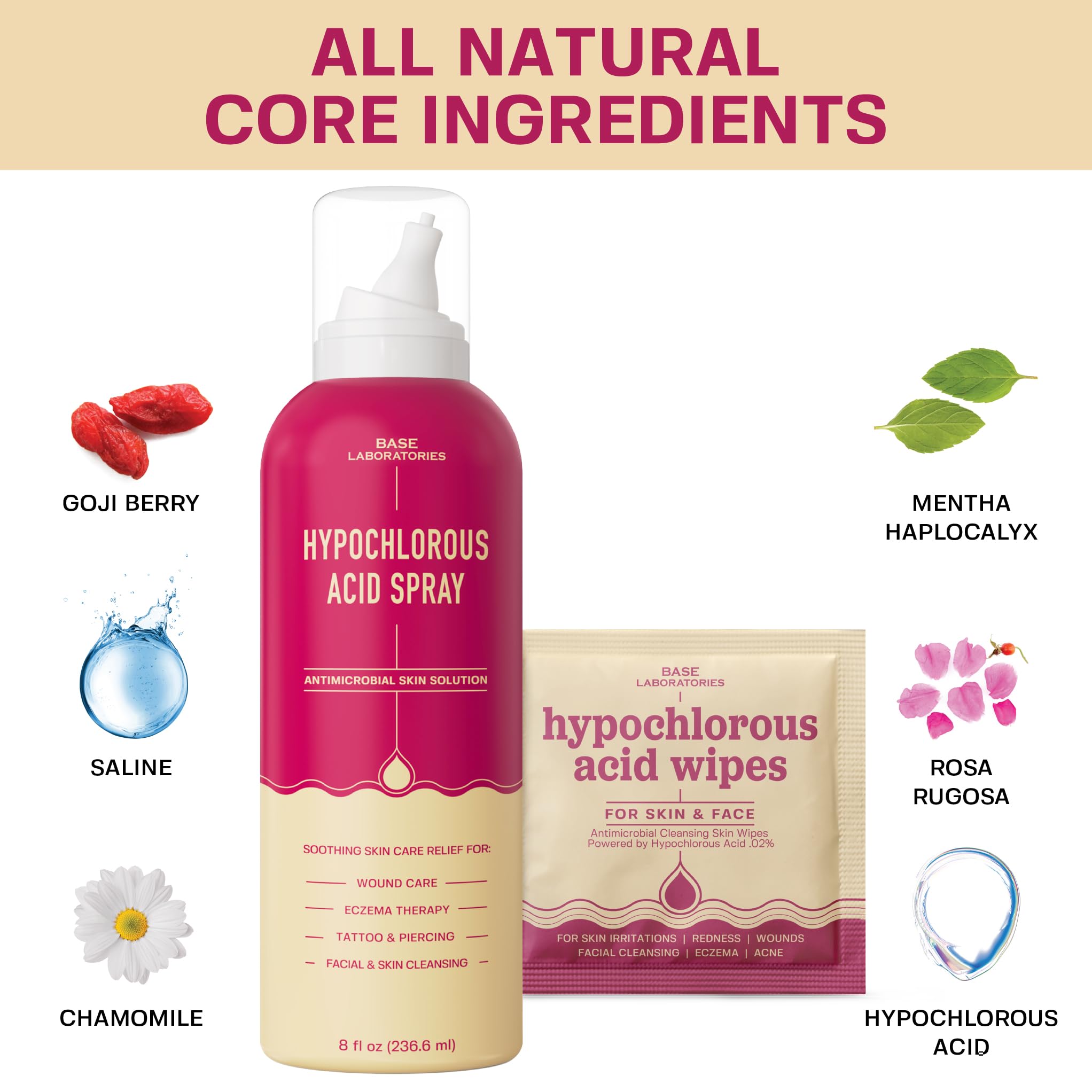 BASE LABORATORIES atomizador HOCl 8oz, aplicación rápida para limpieza de piel
