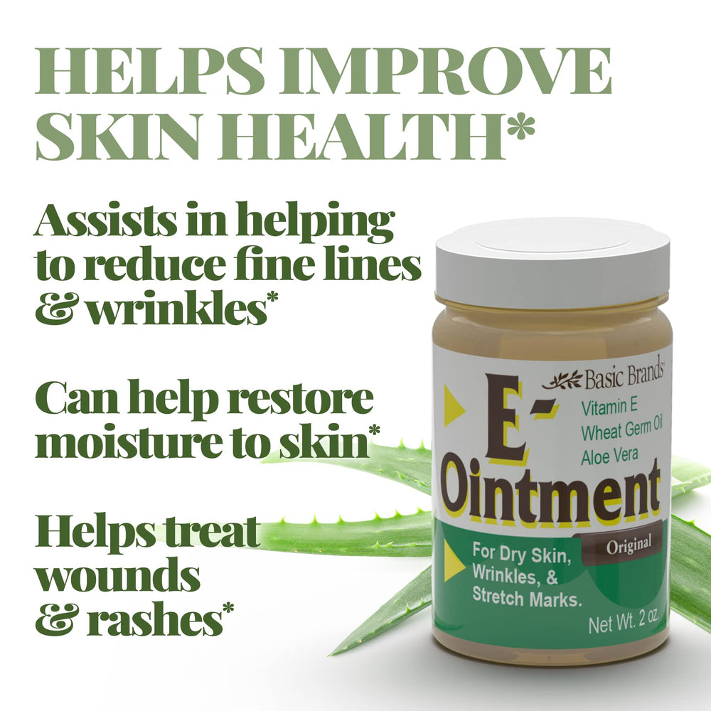 Envase compacto de Basic Organics con pomada de vitamina E para cuidado diario.