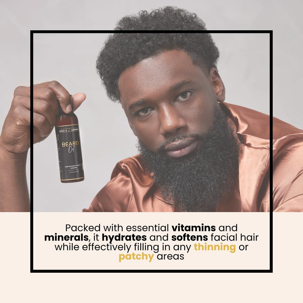 BASK & LATHER aplicacion-barba: masaje suave para distribuir el aceite uniformemente.