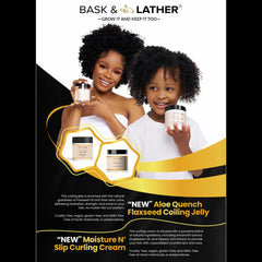 BASK & LATHER brillo-hidratacion para rizos saludables y manejables.