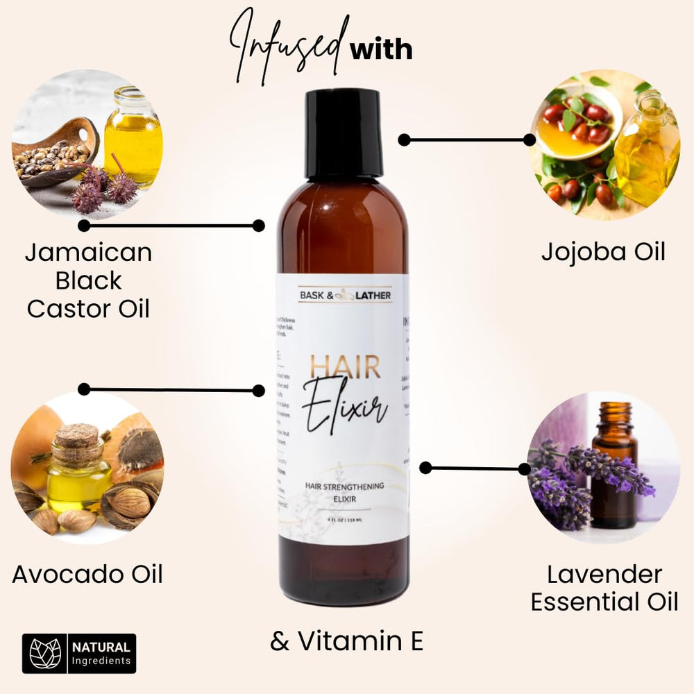 BASK & LATHER Elixir, desenredo suave para cabello manejable.