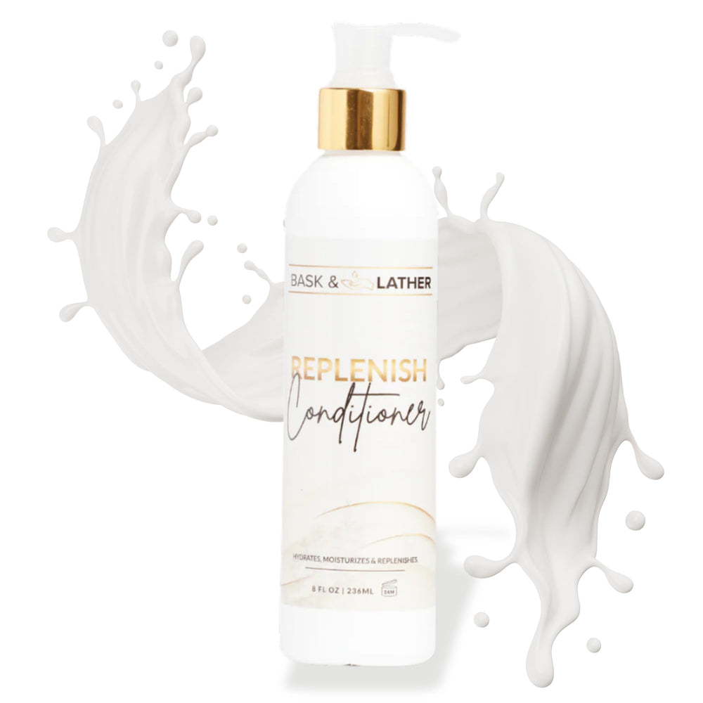 BASK & LATHER Replenish bottle on shelf signaling deep hydration for hair.