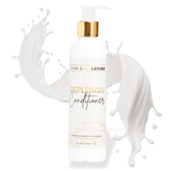 BASK & LATHER Replenish bottle on shelf signaling deep hydration for hair.