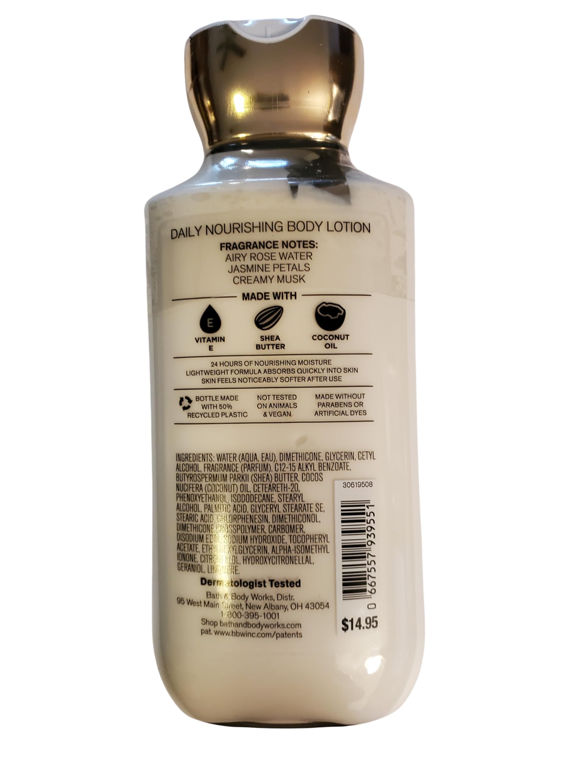 Close-up of Bath & Body Works Rose lotion texture showing quick absorption