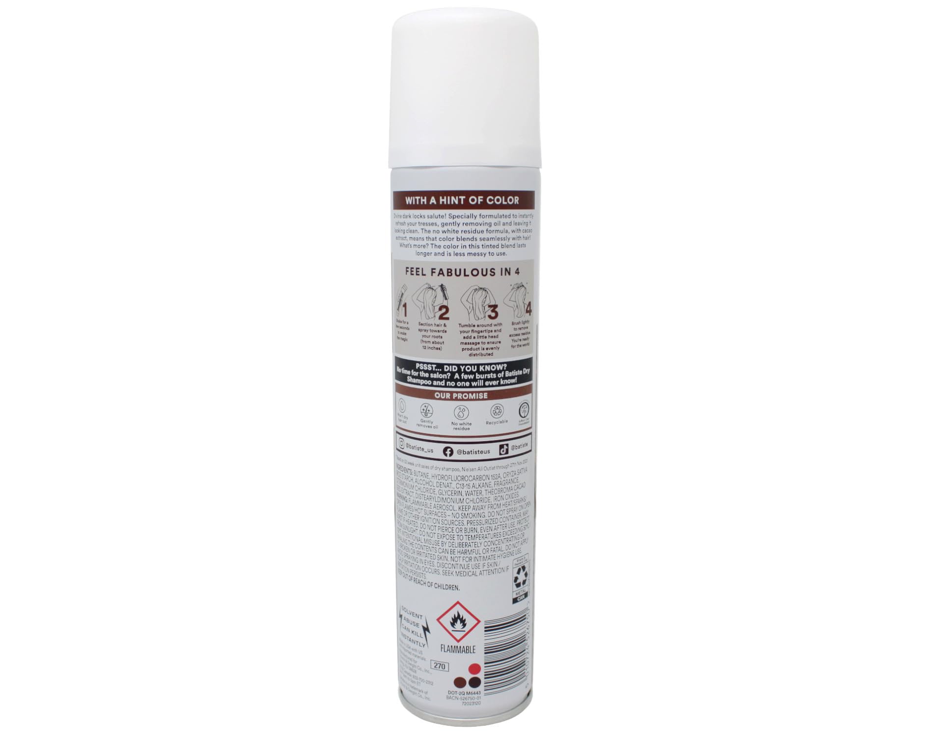 Batiste Champú Seco para Cabello Oscuro, acabado natural sin residuo visible.