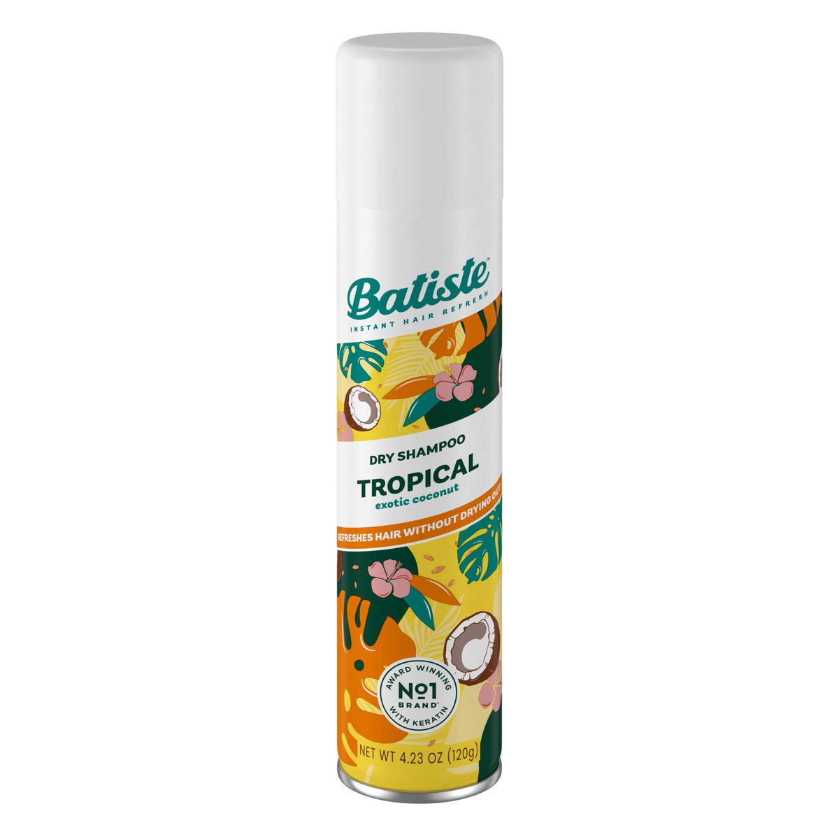 Batiste Champú Seco Tropical, botella; frescura instantánea y cuerpo para el cabello