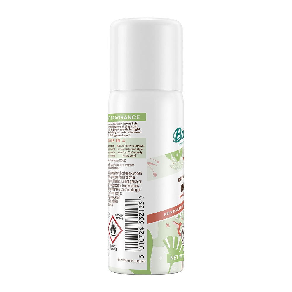 Batiste Dry Shampoo Bare Mini, frasco compacto con fragancia suave para complementar tu perfume.