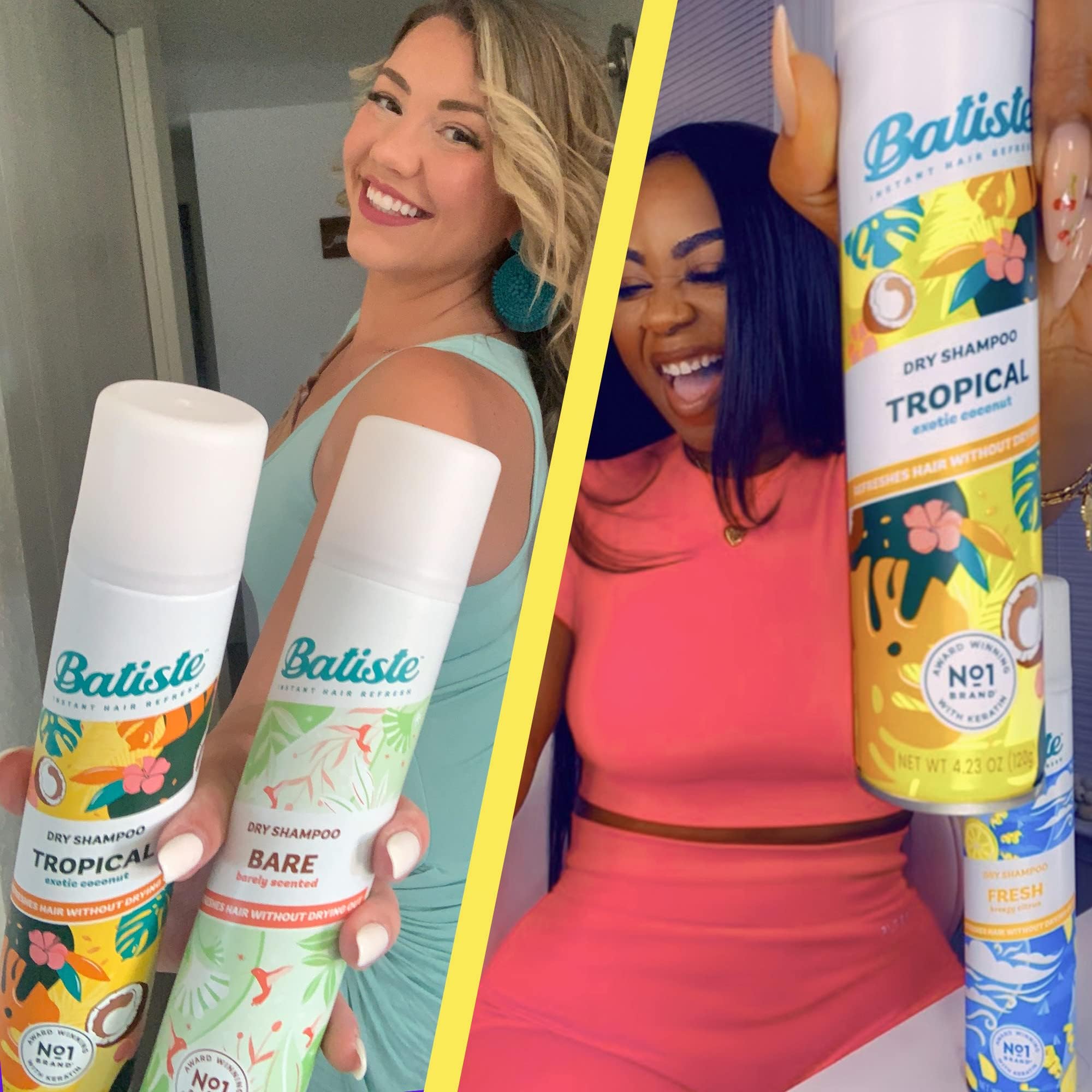 Batiste Tropical Dry Shampoo bottle close-up highlighting packaging.