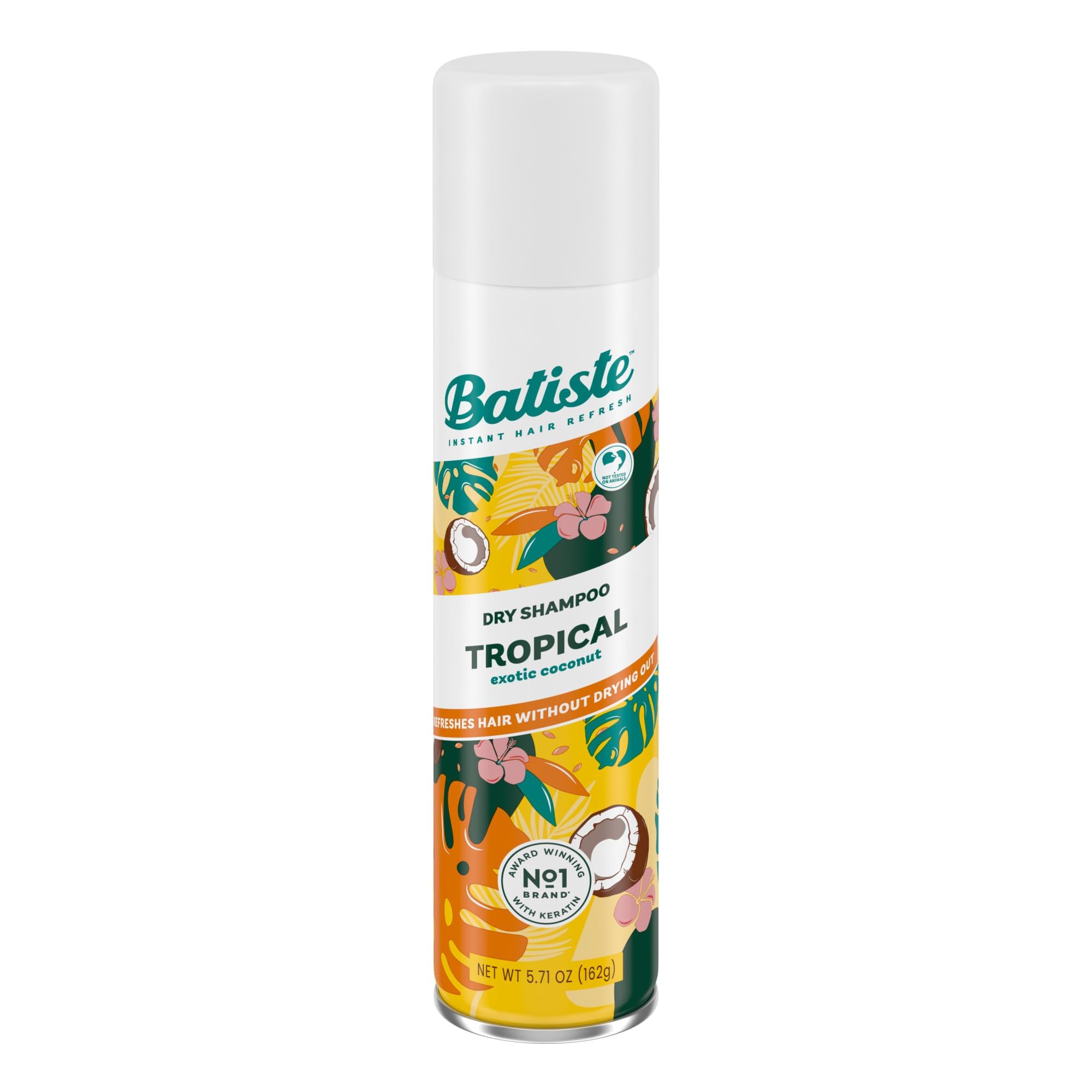 Batiste Tropical Dry Shampoo bottle close-up absorbs oil for a refreshed look.