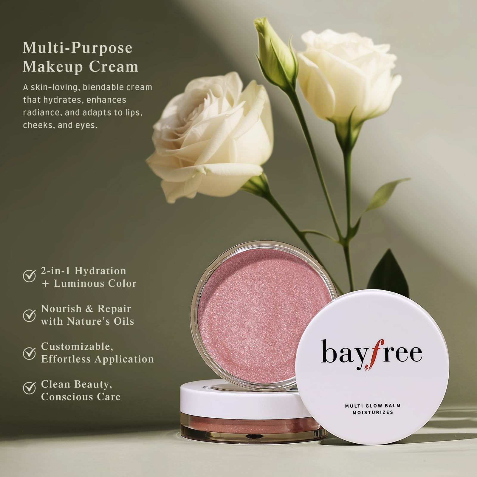 bayfree Multi Glow Balm usado en labios para color ligero y acabado brillante.