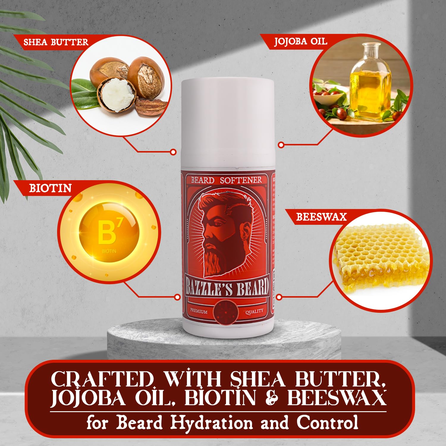 Foco en Biotina e ingredientes de Bazzle's Beard Softener para aspecto cuidado.