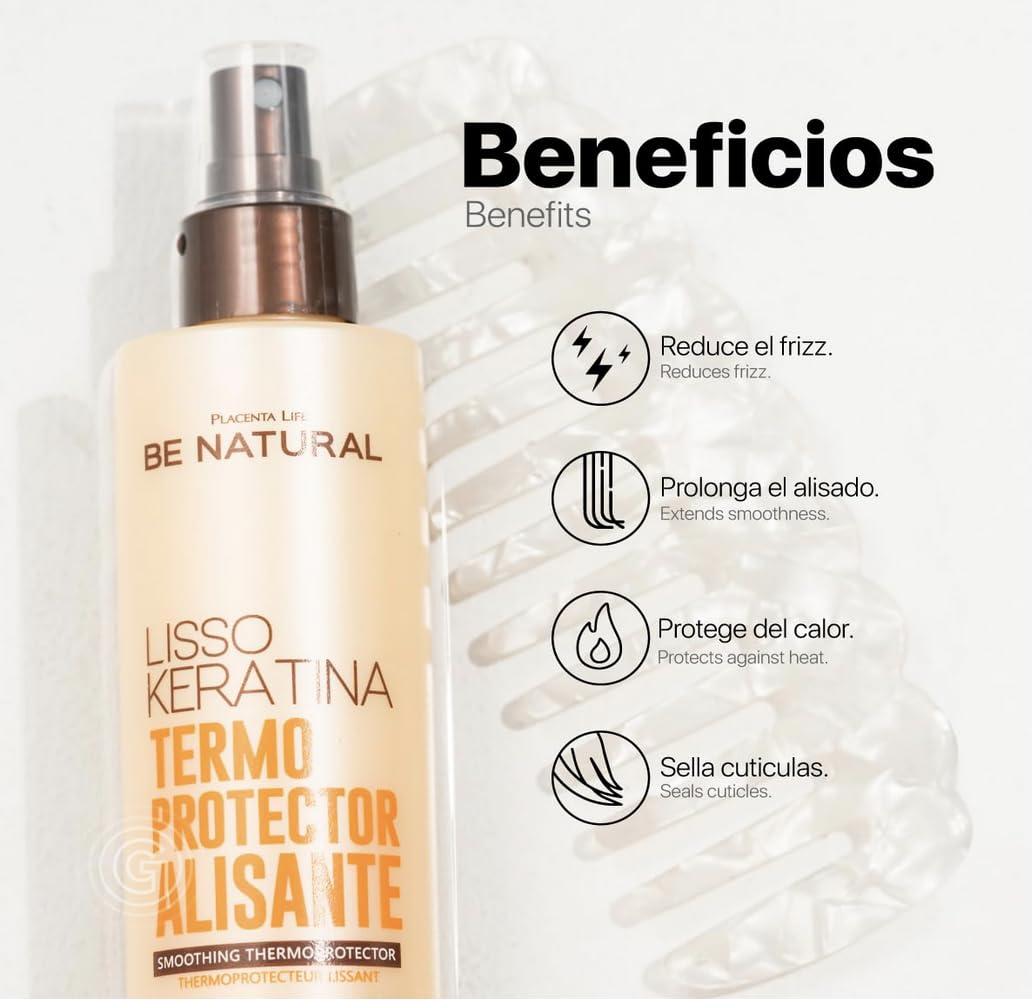 Be Natural Lisso Keratina: protector térmico para cabello durante el peinado con herramientas de calor.