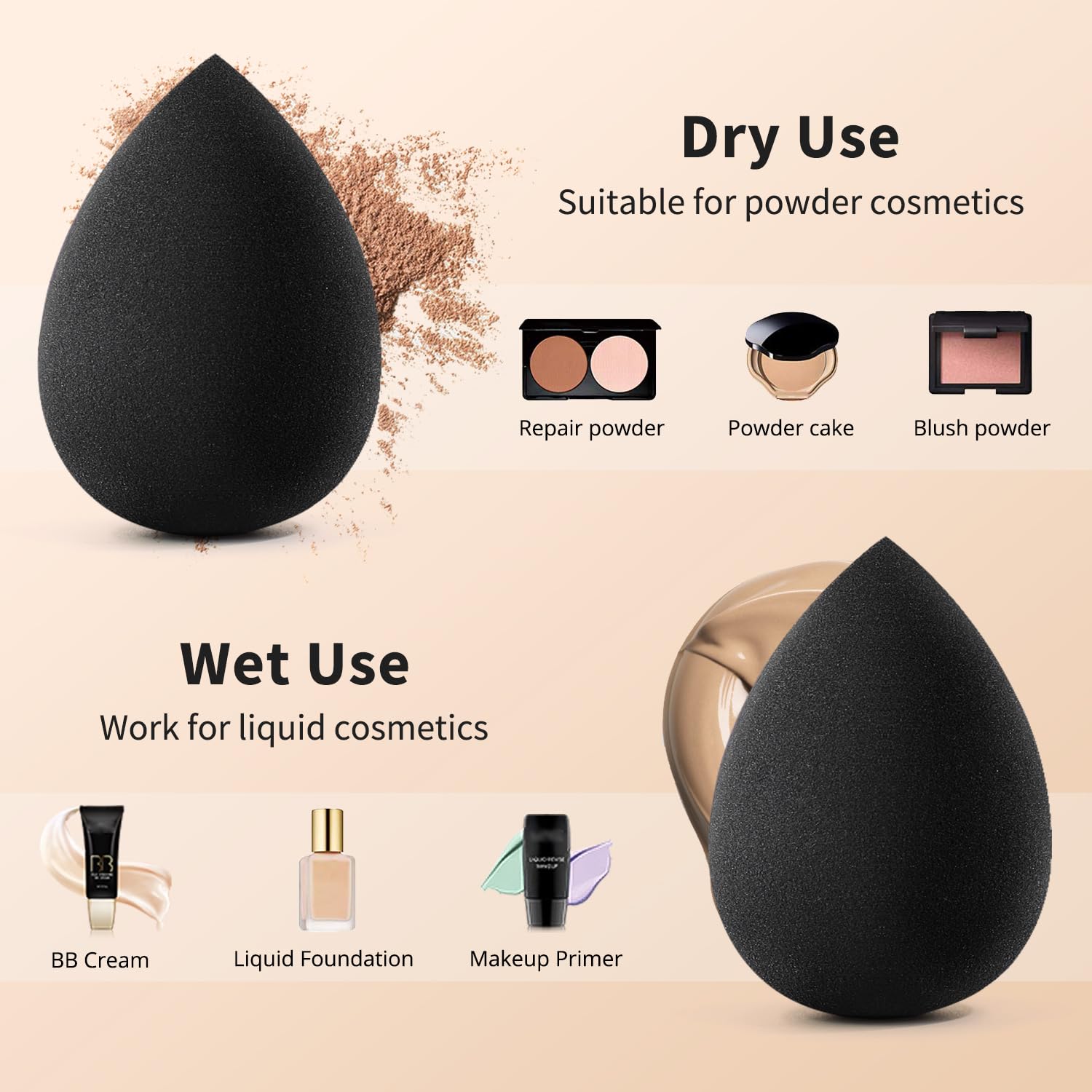 La esponja BEAKEY resistente funciona con productos cremosos y gruesos.
