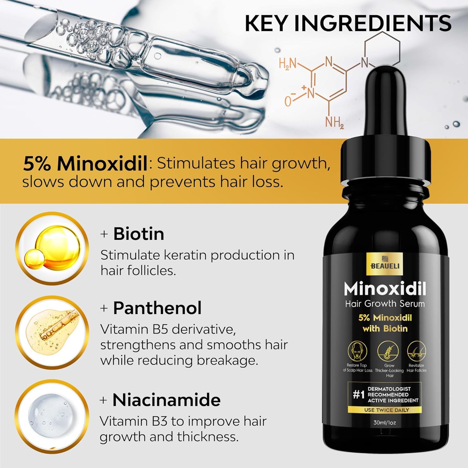 Beaueli Minoxidil 5% con absorción rápida durante la aplicación.