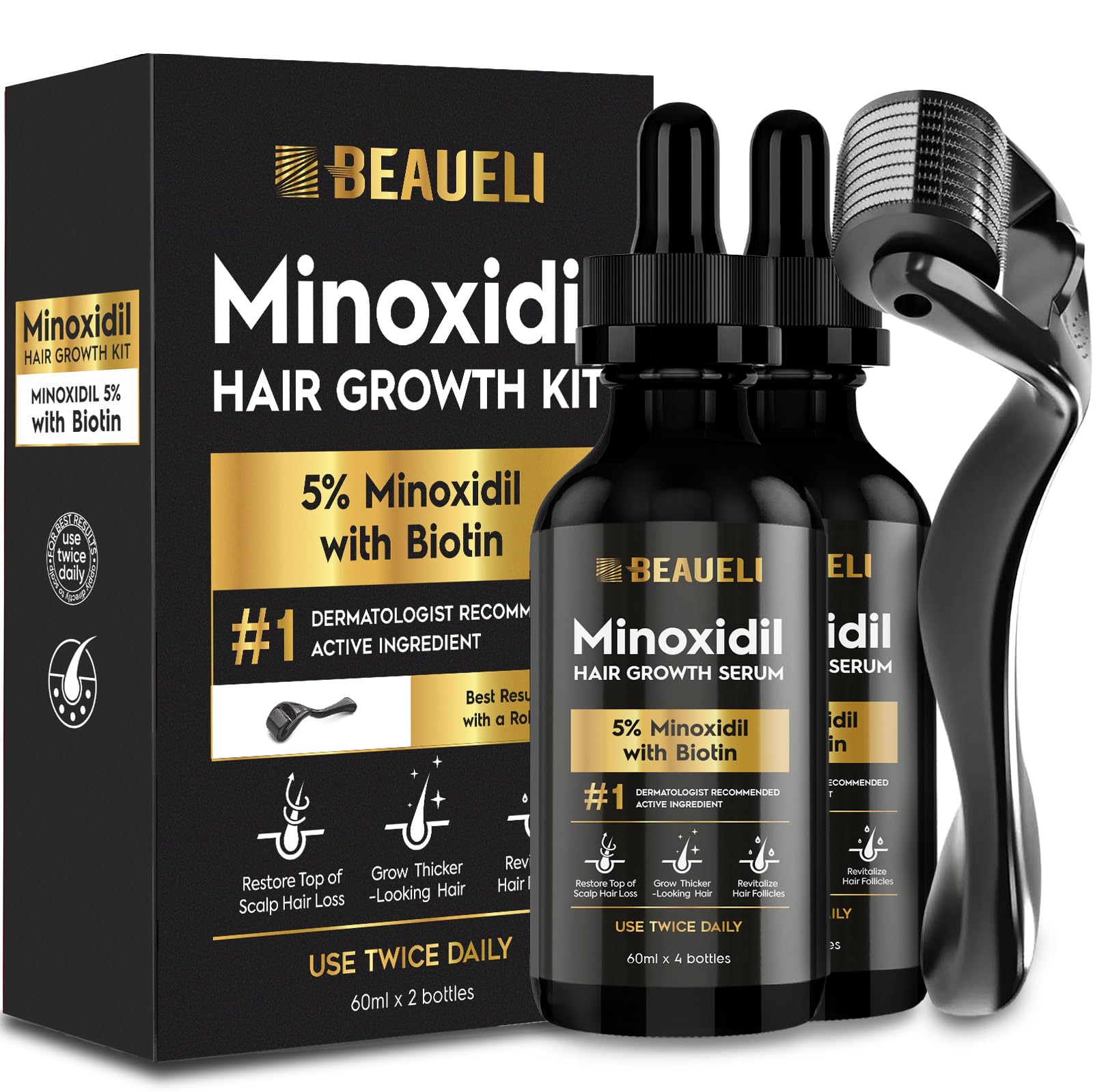 Beaueli Minoxidil 5% con dos botellas de 60 ml para densidad barba.