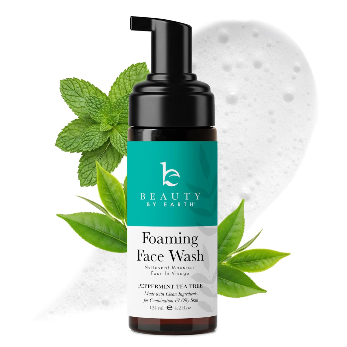 Beauty by Earth espuma limpiadora facial botella: limpieza suave y fresca.