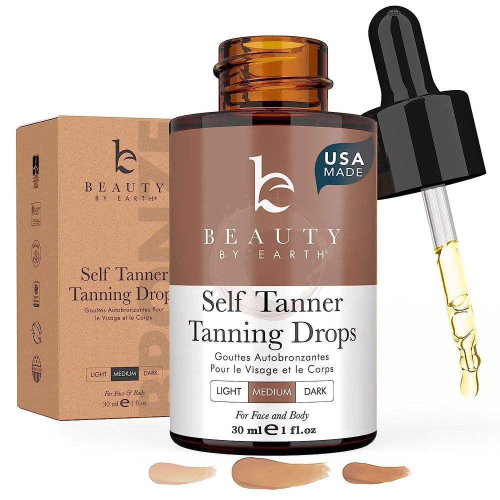 Beauty by Earth: gotas bronceadoras, botella, aplicación suave para tono natural.