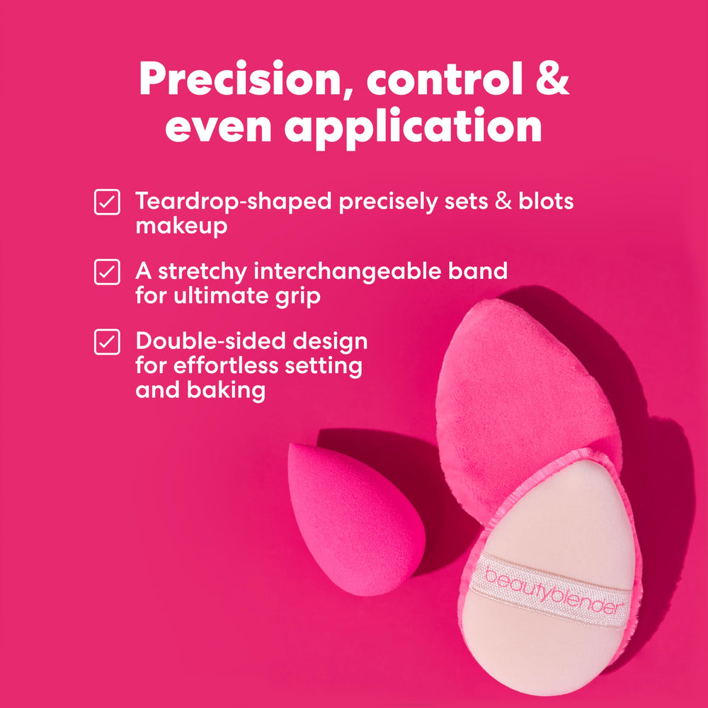 Beautyblender Pocket Puff, forma en lágrima, fácil depositar polvo para fijar base.