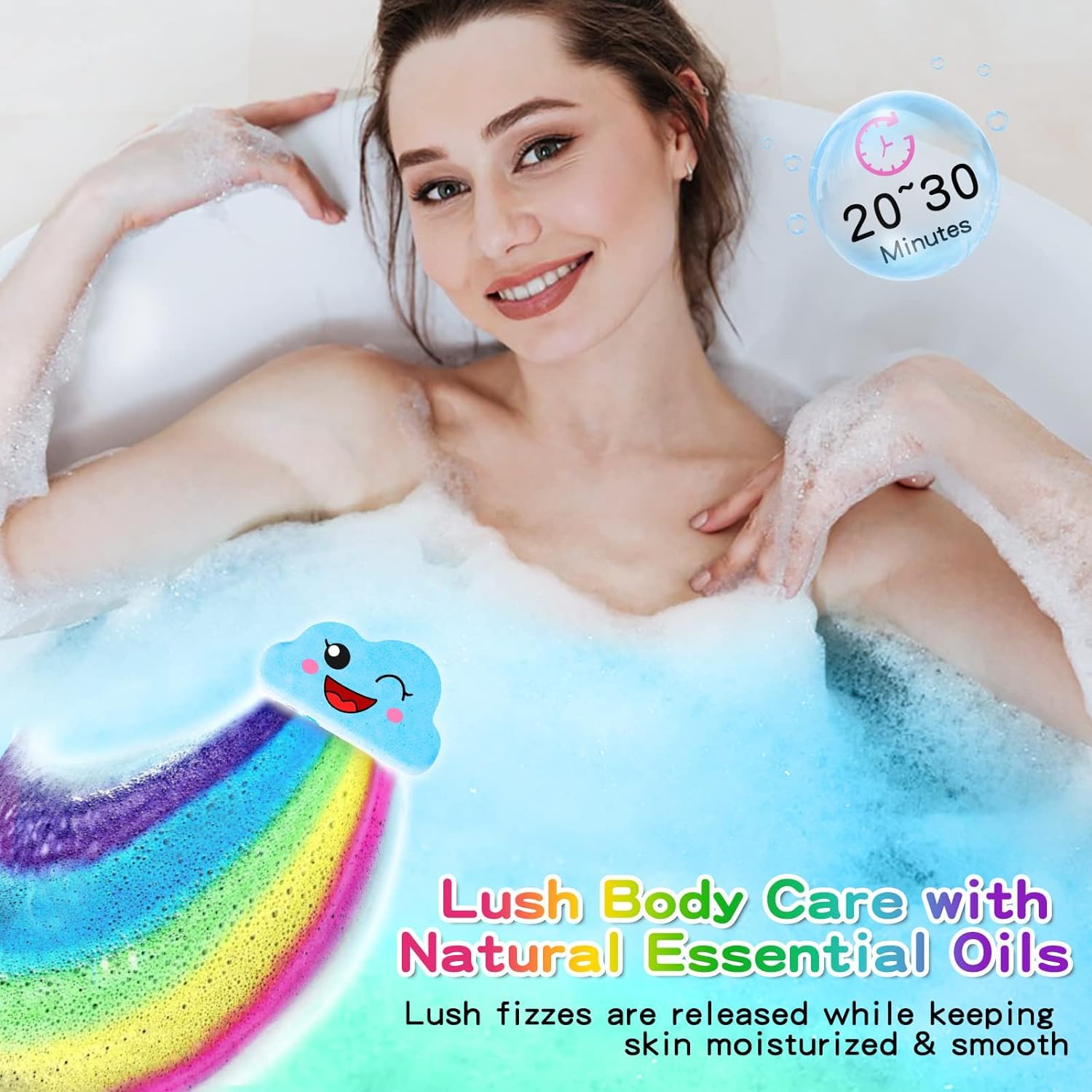 Beauwell bomba arcoíris con aceites naturales para cuidado suave.