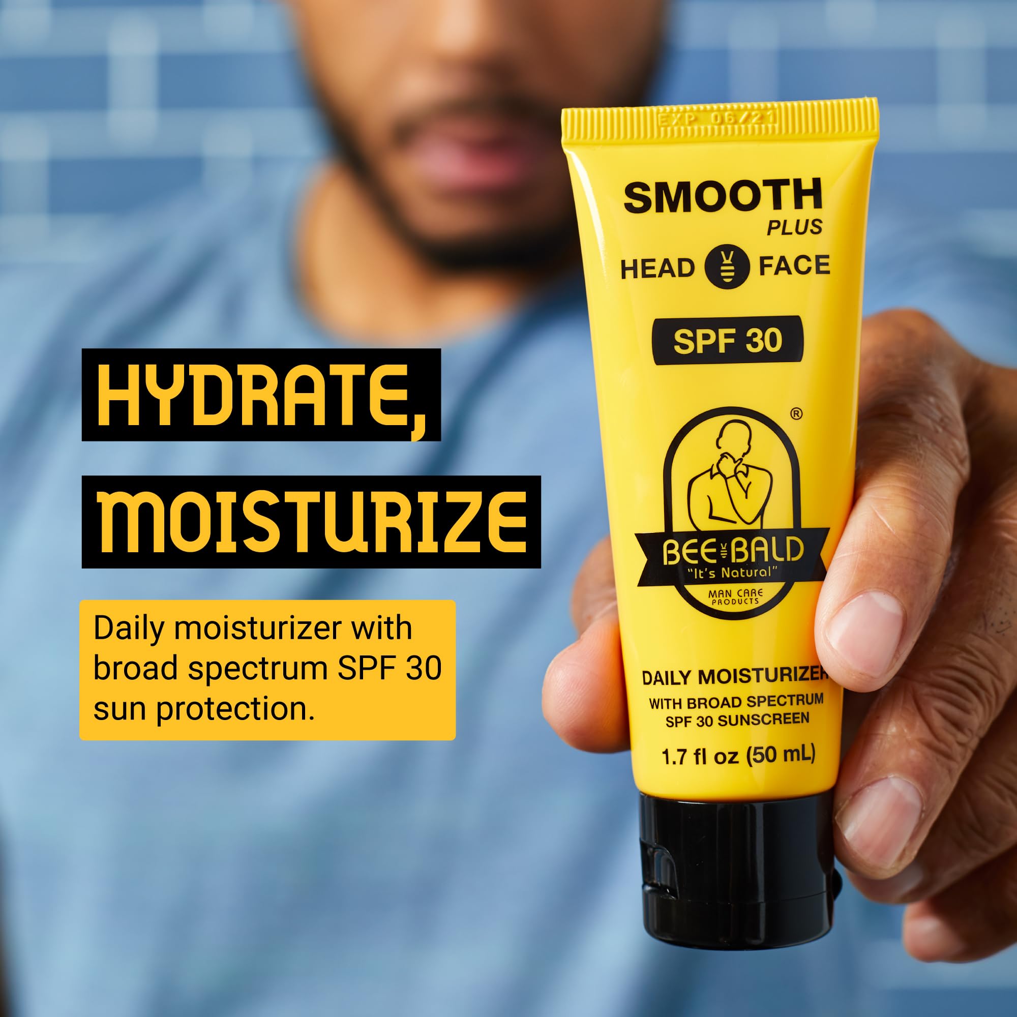 Bee Bald Smooth Plus moisturizer applied to the face for hydrating comfort.