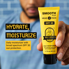 Bee Bald Smooth Plus moisturizer applied to the face for hydrating comfort.