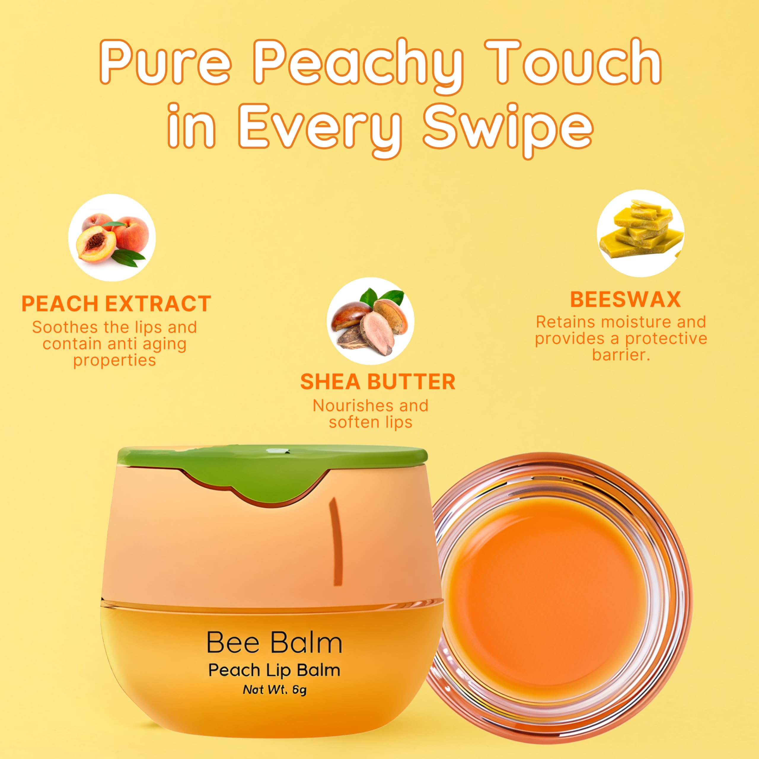 Bee Balm Peach lip balm on application for smooth, nourished lips.
