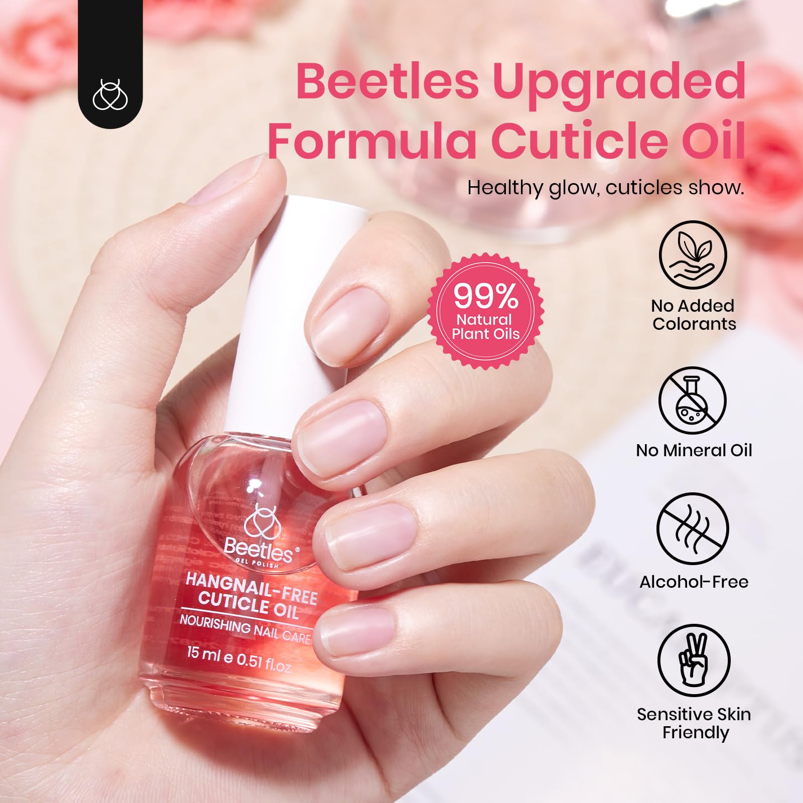 Beetles aceite para cutícula con olor a rosas ofrece aroma natural.