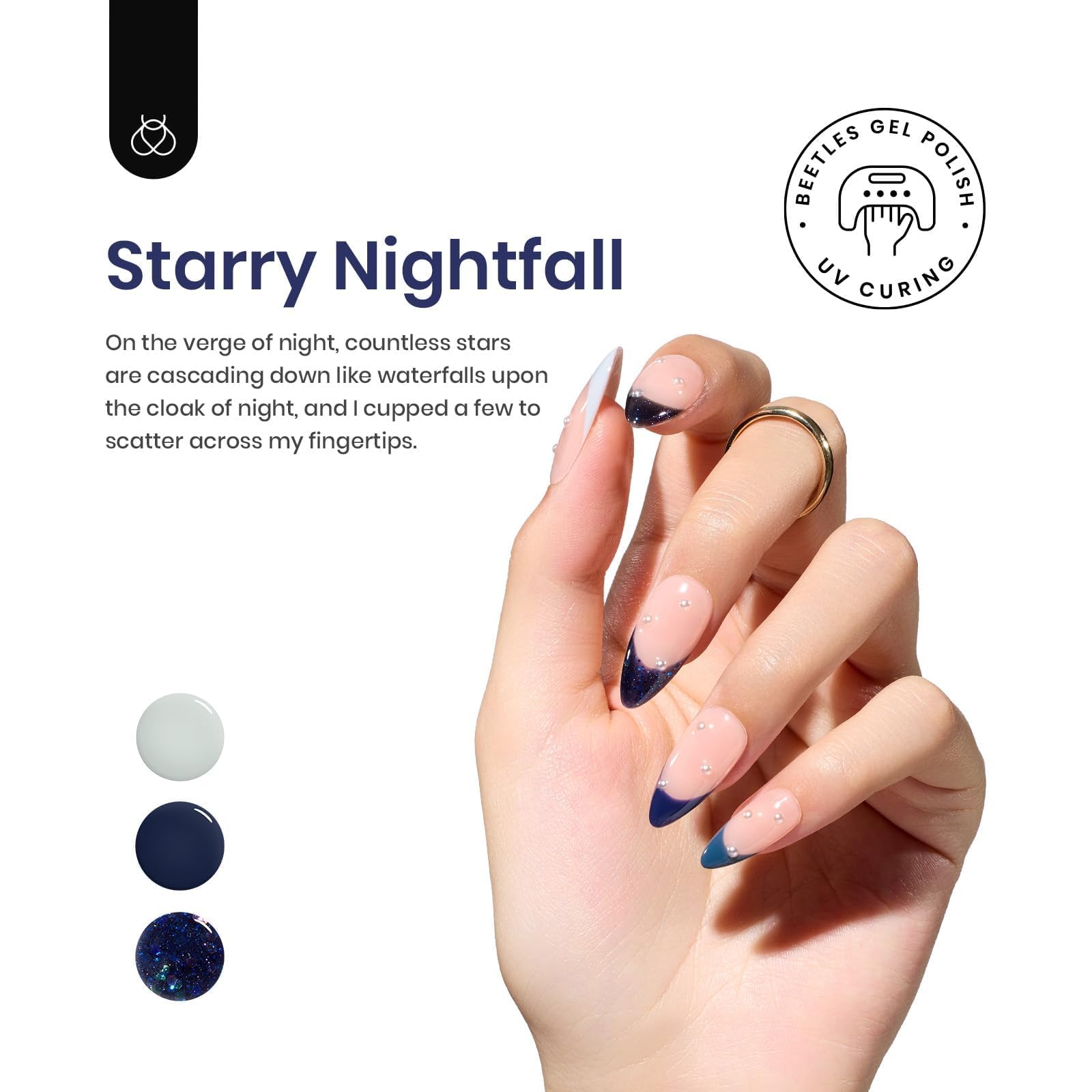 Beetles Blue Gel Polish Set Prussian blue sparkle bottle for bold designs.