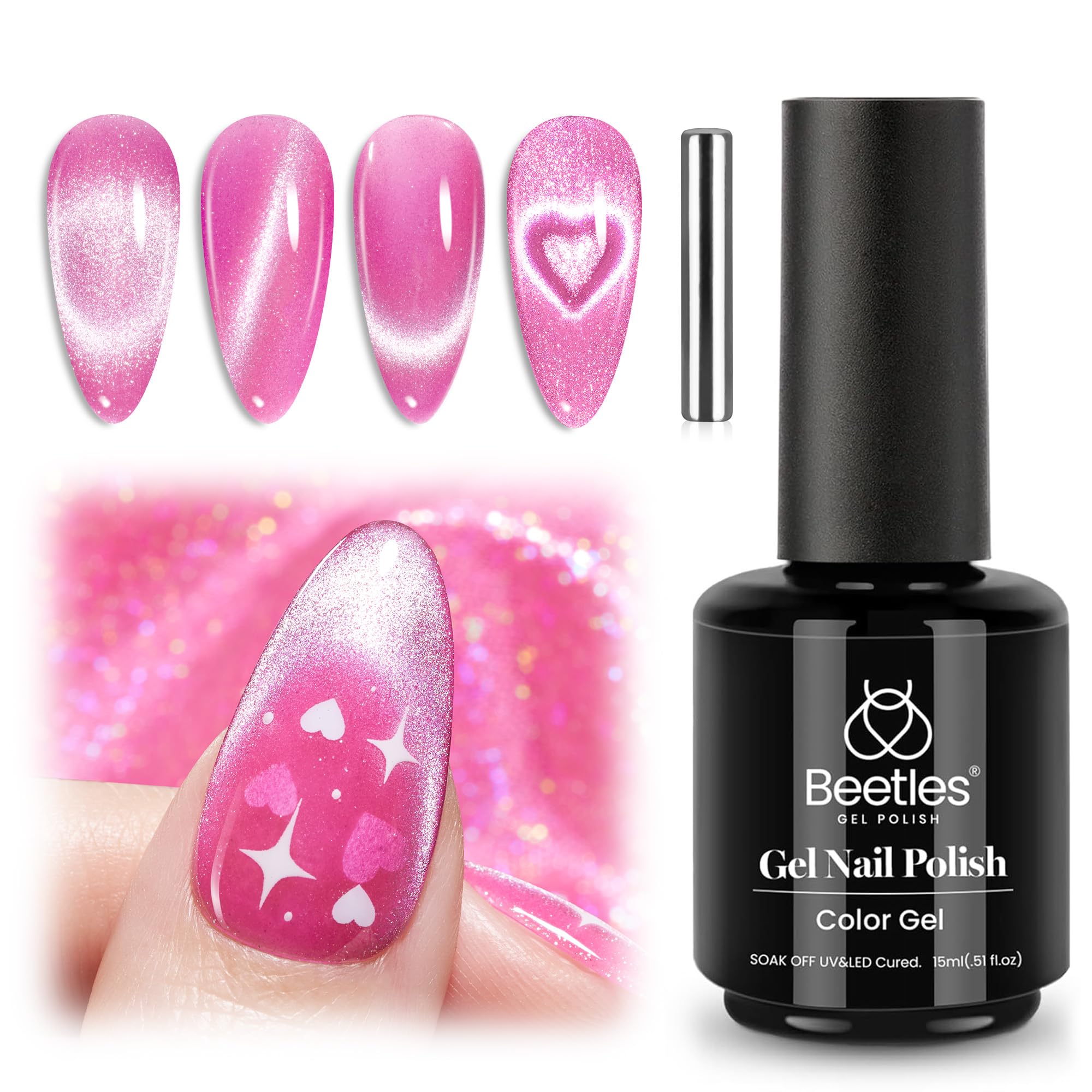Beetles Esmalte Gel Rosa Ojo de Gato, botella rosa, muestra efecto ojo de gato para uñas.