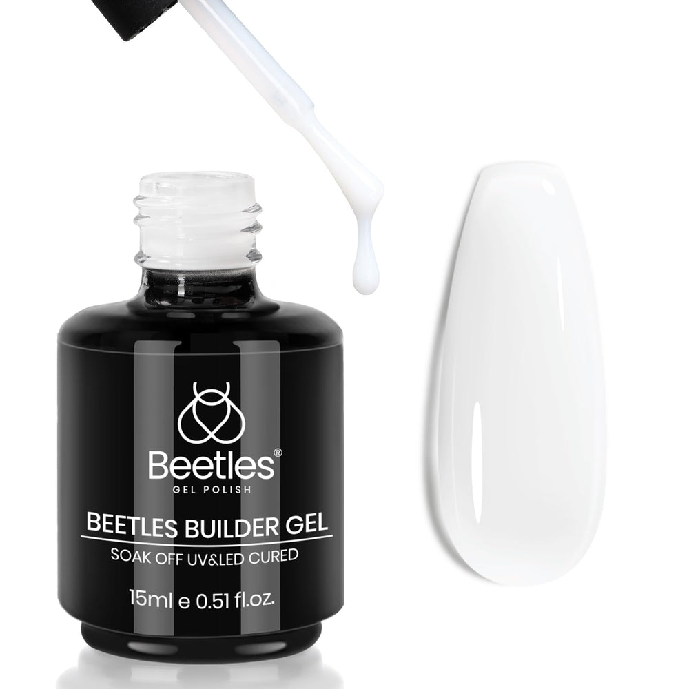 Beetles Builder Gel, botella blanco lechoso, para uñas con acabado natural.