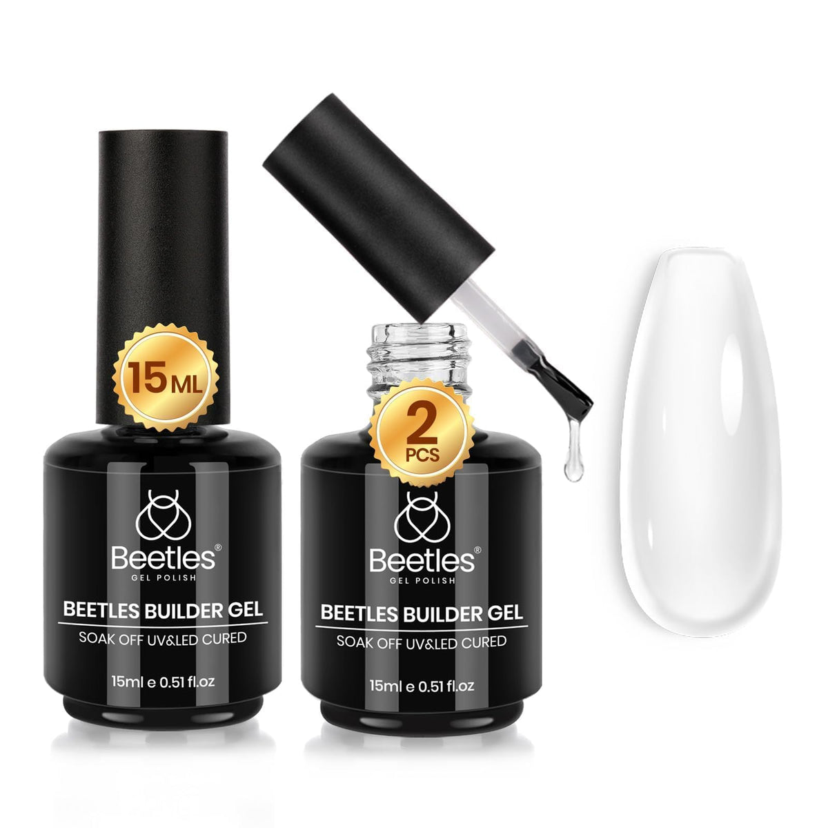 Beetles Builder Gel: botella transparente para construcción de uñas y fortalecimiento.