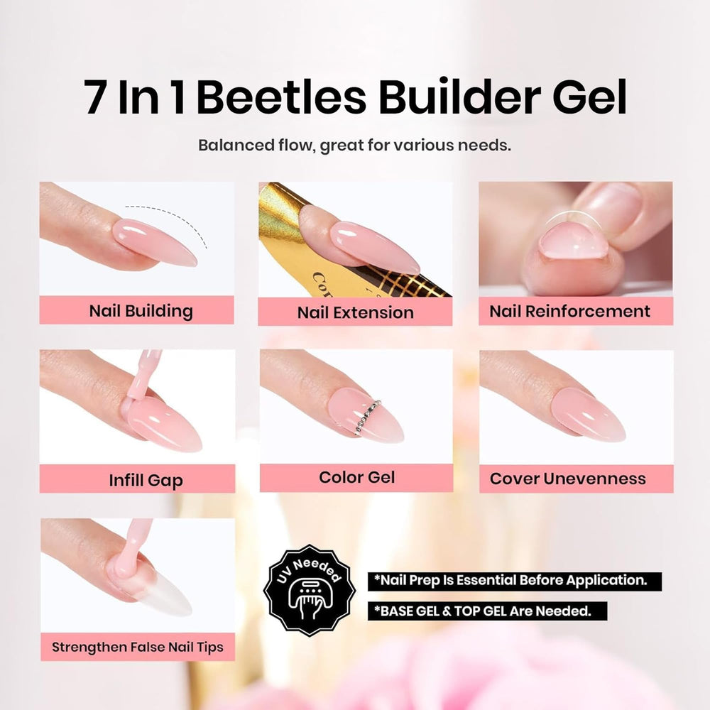 Beetles Builder Gel modelado de uñas rosa con acabado preciso.
