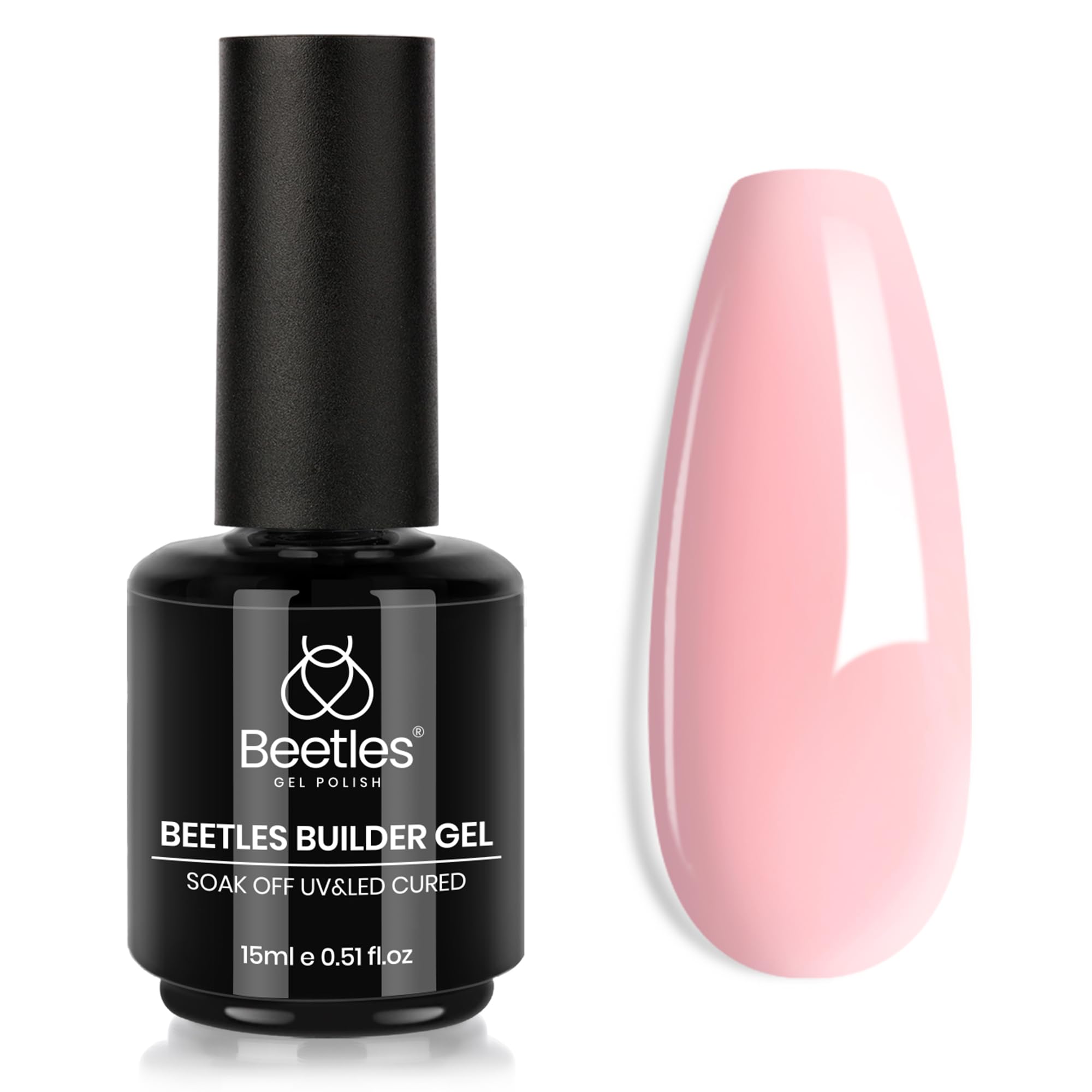 Beetles Builder Gel rosa en bote de 15 ml para uñas duraderas.