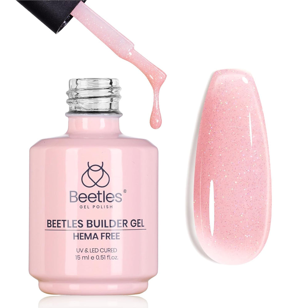 Beetles Builder Gel rosa brillo con apex definido para uñas fuertes.