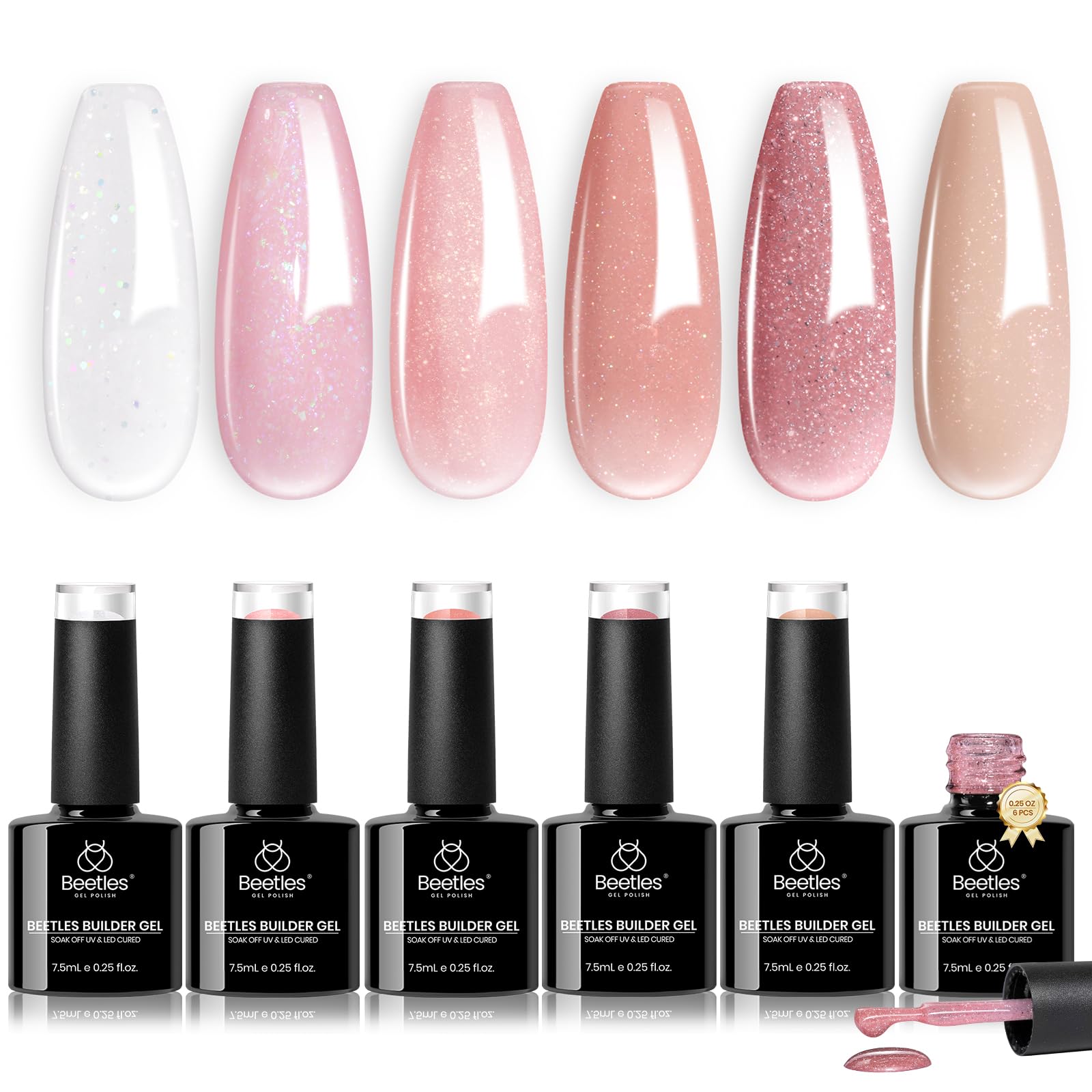 Beetles Builder Gel Set with 6 glitter colors for durable home nail art.
