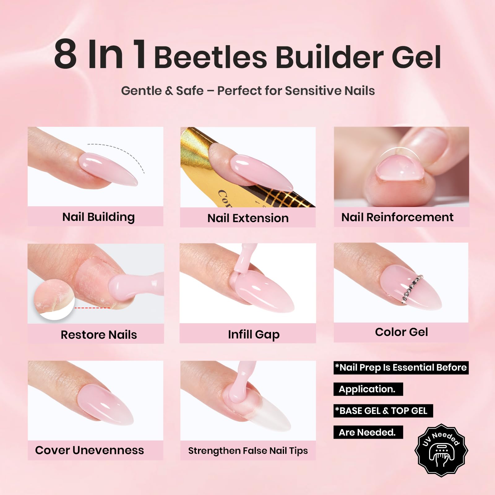 Beetles Builder Gel Set, brocha integrada de 9 mm para control preciso.