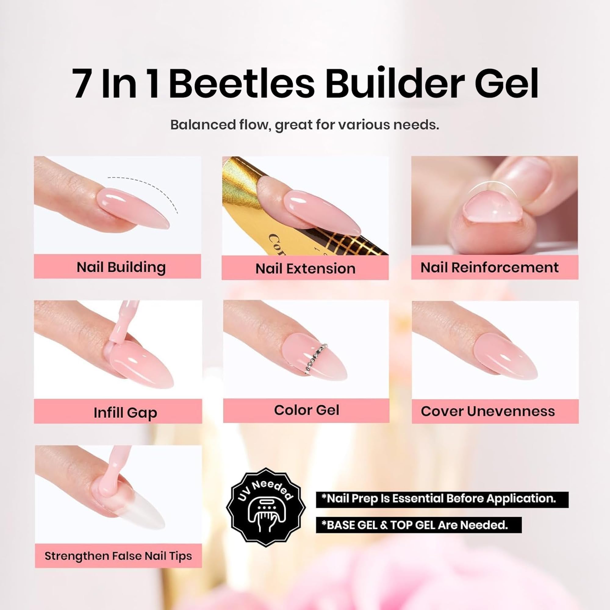 Beetles Builder Gel nude translúcido, modelado controlado para extensiones limpias.